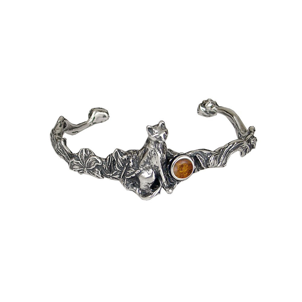 Sterling Silver Cat With Flowers Cuff Bracelet Amber